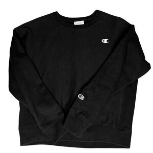 Champion Reverse Weave Sweatshirt Women's M Crew Neck Embroidered Logo Black